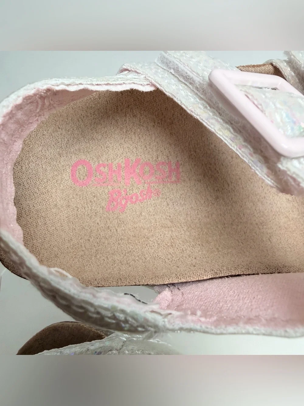 OshKosh B'gosh White Glitter Sandals with Pink Buckles